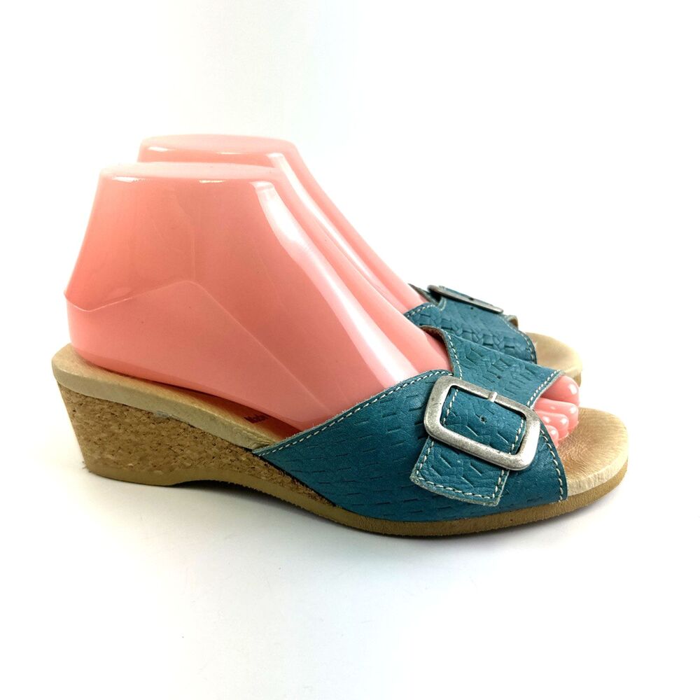 Original Worishofer Lightweight Wedge Woven All Leather Teal Sandal Buckle 39 8